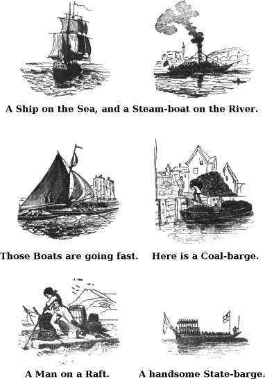 A Ship on the Sea, and a Steam-boat On The River. Those Boats Are Going Fast. Her is a Coal-barge. A Man on A Raft. A Handsome State-barge. 