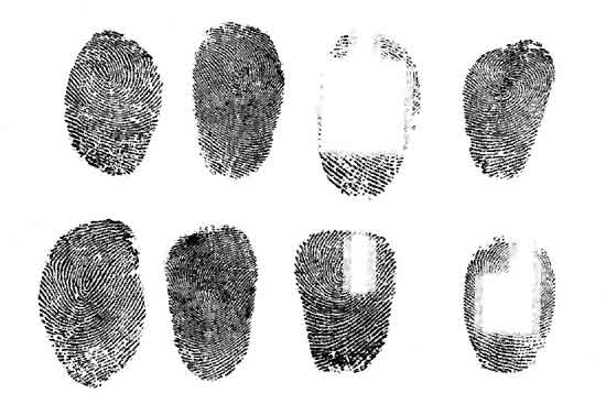 Fac-simile impressopms pf dermal furrows of the right and left thumbs of four different persons.