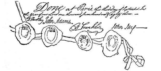 Reduced copy of the signatures and seals of the English and American commissioners who signed the treaty of peace between Great Britain and the United States in 1783.