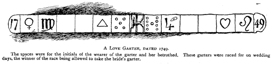 A LOVE GARTER, DATED 1749. The spaces were for the initials of the wearer of the garter and her betrothed. These garters were raced for on wedding days, the winner of the race being allowed to take the bride's garter.