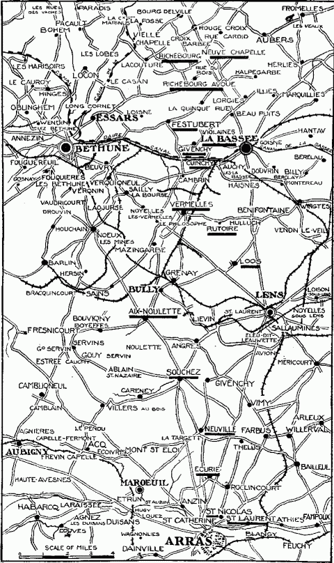 The places underlined in the above map indicate the points around La Bassée and southward to Arras, where part of the British Expeditionary Force was heavily engaged.