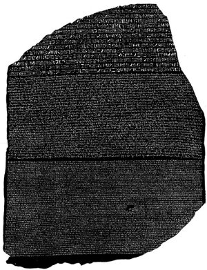 [Illustration: THE TRILINGUAL INSCRIPTION OF THE ROSETTA STONE. IN HIEROGLYPHIC, DEMOTIC, AND GREEK CHARACTERS. BRITISH MUSEUM, LONDON. (FOR DESCRIPTION OF THIS CUT, SEE OTHER SIDE.)