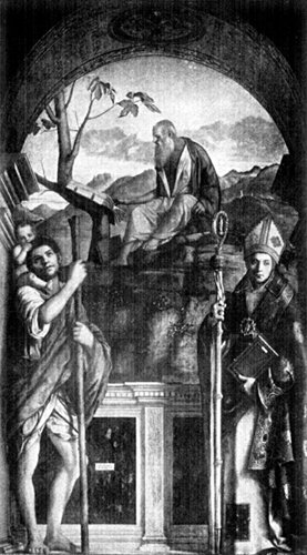 S. CHRISTOPHER, S. JEROME AND S. AUGUSTINE FROM THE PAINTING BY GIOVANNI BELLINI In the Church of S. Giov. Crisostomo