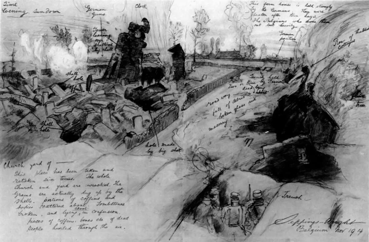 NOT EVEN THE DEAD LEFT IN PEACE! GERMAN SHELLS UNEARTH GRAVES AND SCATTER THEIR CONTENTS IN A VILLAGE CHURCHYARD.