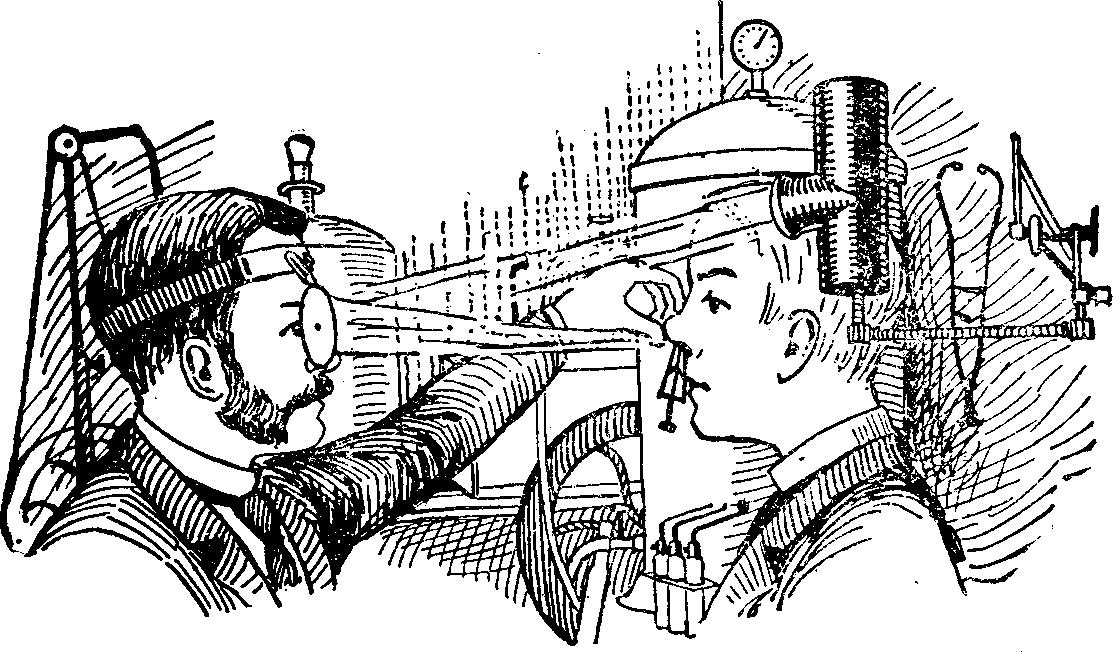 Illustration: Fig. 9. Examination of the Nasal Passages by means of the Rhinoscope and Head Mirror.