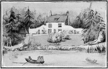 OULTON COTTAGE FROM THE BROAD  Showing the summer house on the left from a sketch by Henrietta MacOubrey. The house which has replaced it has another aspect.