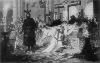 A painting showing the dead Siegfried lying in state, surrounded by mourners. Chriemhild kneels in front of the bier, pointing at a knight dressed in black.