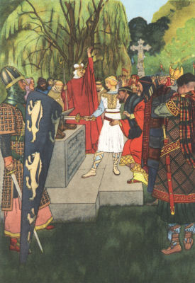 Arthur pulls the sword Excalibur from the stone as a group of knights look on.