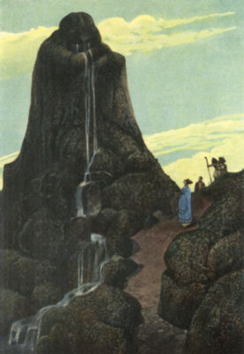 A group of three people look up at Niobe, turned to stone, her tears forming waterfalls running down the hillside.