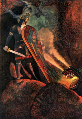 Armed with sword and shield, Beowulf prepares to fight the dragon in its cave.