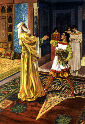 In a richly decorated room, a young man draws his sword to confront an older man, while three others look on.