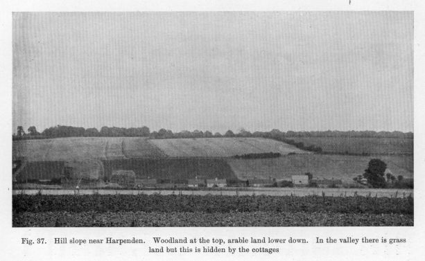 Fig. 37.  Hill slope near Harpenden.  Woodland at the top, arable land lower down.  In the valley there is grass land but this is hidden by the cottages