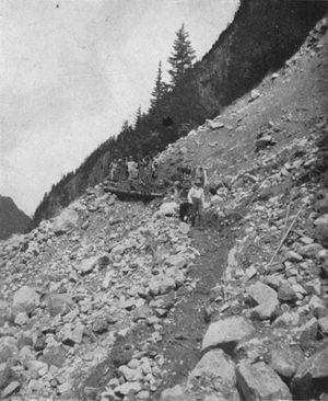 The Mountaineers building trail on the lateral moraine of Carbon Glacier.