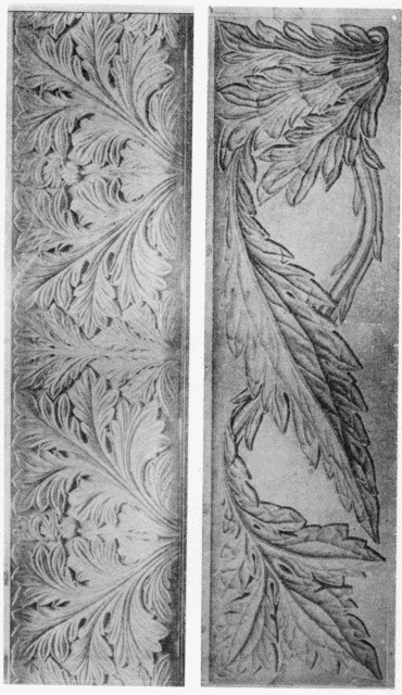 XIV.—Two designs for Carving, by Philip Webb. One executed, one in drawing.