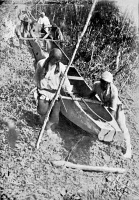 Conveying the Canoe, weighing 2,000 lb., over a Hill Range—The Descent.