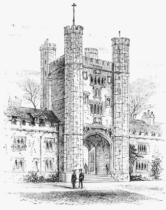 TRINITY COLLEGE, CAMBRIDGE. Showing Newton's rooms; on the leads of the gateway he placed his telescope.