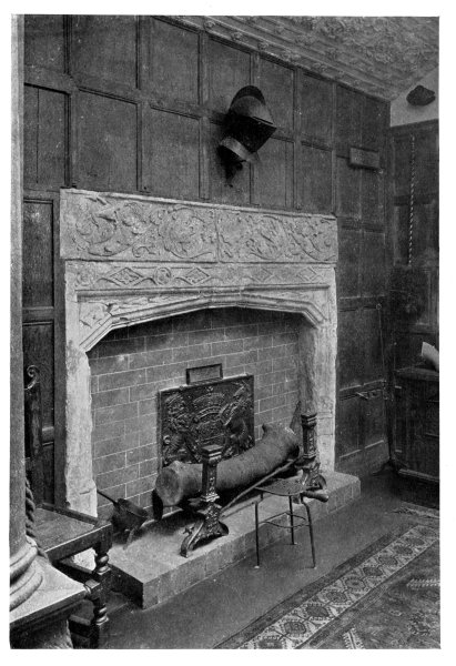 FIG. 1.—OLD FIREPLACE, SHOWING SUSSEX BACK, ANDIRONS, AND TRIVET.  Frontispiece.