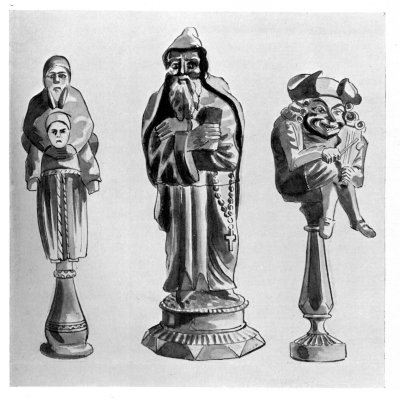 FIGS. 28-30.—EARLY CARVED WOOD NUTCRACKERS.  (In the collection of Mr. Charles Evans, of Nailsea Court.)