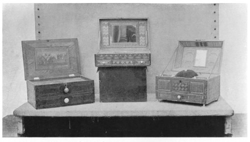 FIG. 76.—THREE OLD WORKBOXES.  (In the collection of Mr. Phillips, of Hitchin.)