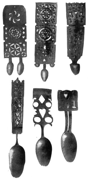 FIG. 85.—OLD WELSH LOVE SPOONS.  (In the National Museum of Wales.)