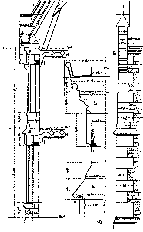 Fig. 42.—Coupe des murs de face et détails.