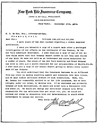 PHOTOGRAPH OF JOHN A. McCALL'S REPLY TO H. C. DeRAN, THE POLICYHOLDER WHO HAD ASKED FOR A DENIAL OF MR. LAWSON'S CHARGES.