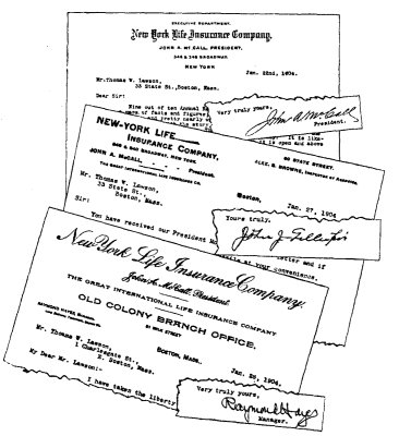 PHOTOGRAPH OF HEADING AND SIGNATURE OF JOHN A. McCALL'S LETTER OF JANUARY 22d, SENT IN DUPLICATE TO MR. LAWSON'S OFFICE; OF SPECIAL AGENT GILLESPIE'S LETTER OF JANUARY 27th; OF MANAGER HAYES'S LETTER OF JANUARY 28th. THESE THREE LETTERS SOLICITING INSURANCE, FOLLOWED EACH OTHER WITHIN A PERIOD OF SIX DAYS.