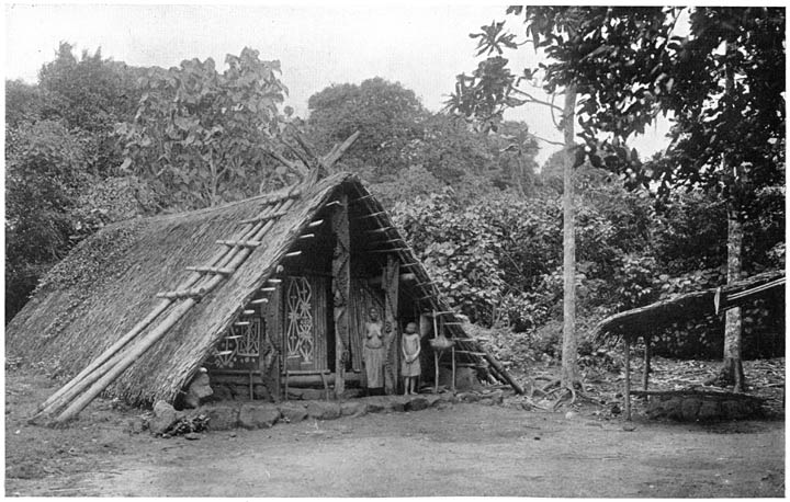 DWELLING-HOUSE ON GAUA, WITH PAINTINGS AND CARVED POLES.