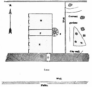 M. Mary's room, below Darnley's. K. Kitchen; servants' room above. O. Passage through the city wall into the kitchen. S. Stair-case leading to the second story. P. Passage-way.