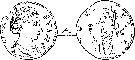 BRASS OF ANTONINUS PIUS, IN HONOUR OF FAUSTINA, WITH REVERSE SHOWING VESTA BEARING THE PALLADIUM