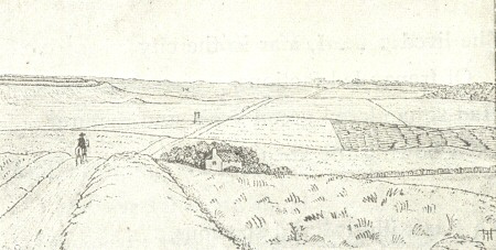 Sketch of person on horseback in wide landscape