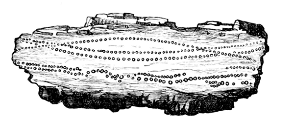 Fig. 7. Eine durch die Verbindung äuszerst kleiner brauner Sphäruliten gebildete Lage, welche zwei andere ähnliche Lagen durchschneidet; das Ganze ist nahebei in natürlicher Grösze dargestellt.