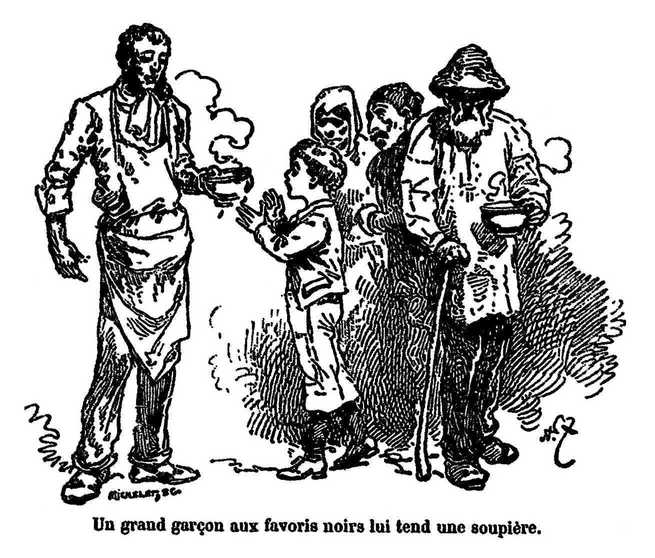Illustration: Un grand garçon aux favoris noirs lui tend une soupière.