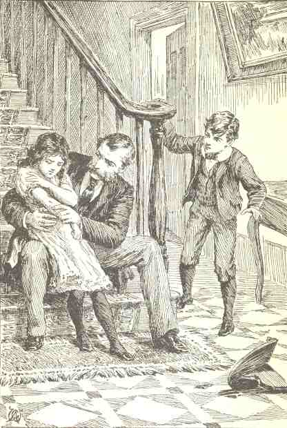 Frontispiece: man comforting little girl on stairs whilst boy watches