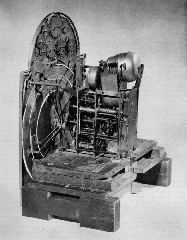 Figure 17.—Movement of Borghesi clock viewed from the right side, with details of chiming mechanism.