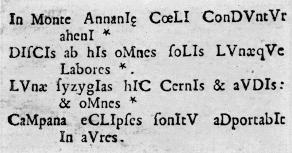 Figure 18.—A chronogram in the text of Father Borghesi's second volume, indicating the year 1764. The poem is translated as: "In the Mount of 'Anáuni,' the inscrutable heavens are led, You learn from these all the labors of the sun and the moon. Here you are shown and hear the conjunction of the moon: And a bell brings to the ears by its sound, all eclipses."