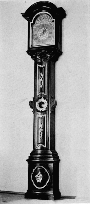 Figure 21.—Tall-case clock by Bertolla in the Episcopal Palace in Trent, made for Bishop Cristoforo Sizzo di Noris. A striking and repeating clock with lunar phases. (Courtesy of Museo Nazionale della Scienza e della Tecnica, Milan.)