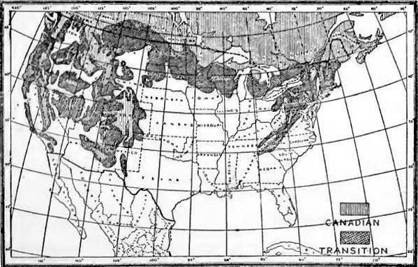 Map of life zones in which fox farming is feasible in the United States, showing the Canadian zone where conditions are excellent, and the Transition zone, in parts of which conditions are favorable.