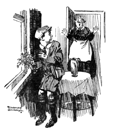 William standing at the window with the flowers in his hand, with a shocked woman standing in the doorway.