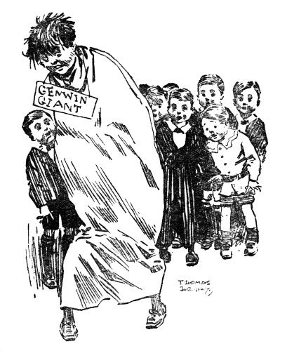 Douglas and Ginger disguised as a giant, with a crowd of other children watching them.