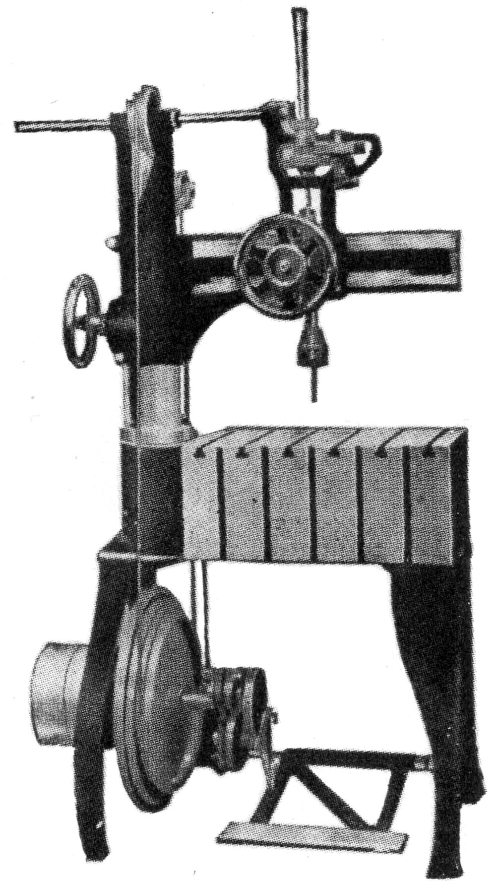 Light treadle driven Radial Drill, taking up to 1 in. drills (½ in. shank.) This machine is of special design, a patented form of high speed drive giving ample power for drilling by foot. With treadle and fast and loose pulley. Price £24 15s.