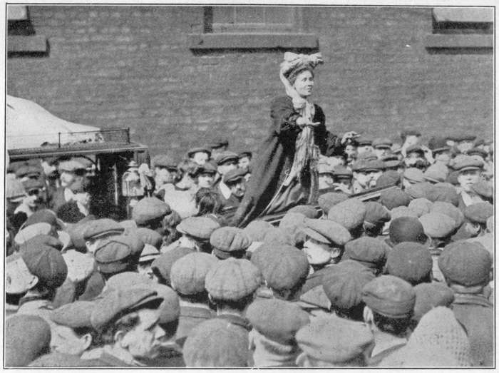 MRS. PANKHURST ADDRESSING A BY-ELECTION CROWD