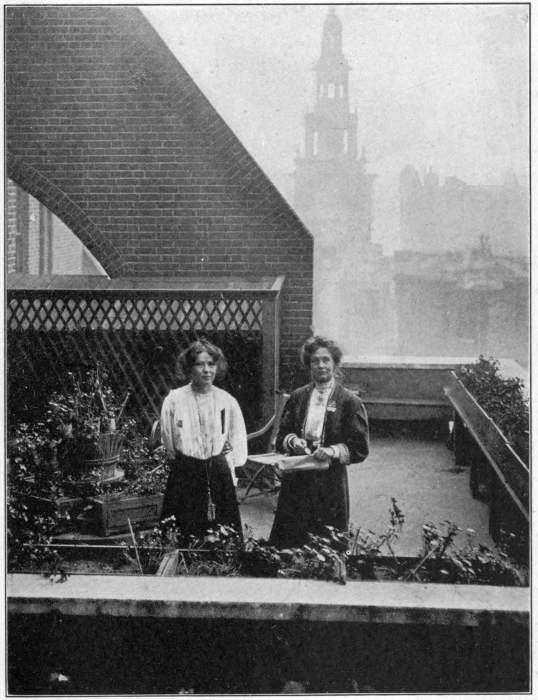 MRS. PANKHURST AND CHRISTABEL HIDING FROM THE POLICE ON THE ROOF GARDEN AT CLEMENTS INN October, 1908