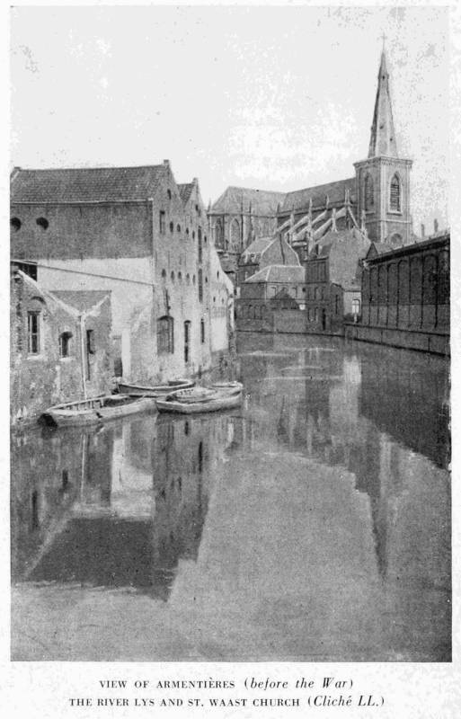 VIEW OF ARMENTIÈRES (before the War) THE RIVER LYS AND ST. WAAST CHURCH (Cliché LL.)