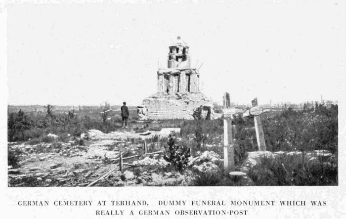 GERMAN CEMETERY AT TERHAND. DUMMY FUNERAL MONUMENT WHICH WAS REALLY A GERMAN OBSERVATION-POST