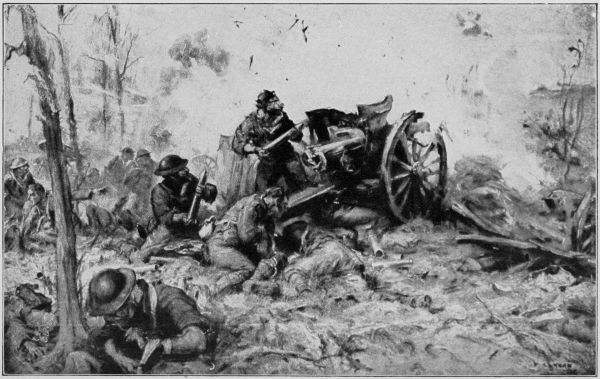 From a painting by F. C. Yohn.  The battle of Seicheprey.  "All through the night the artillerymen sent their shells, encasing themselves in gas masks." (Page 225)