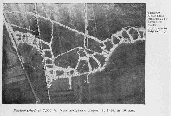 GERMAN FIRST-LINE POSITIONS BÉTHENY PLAIN (see sketch-map below) Photographed at 7,000 ft. from aeroplane, August 6, 1916, at 10 a.m.