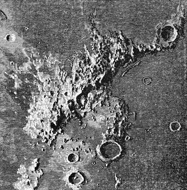 Fig. 7.  The Lunar Apennines.  (Copied by kind permission of MM. Henri from part of a magnificent photograph taken by them, March 29, 1890, at the Paris Observatory.)