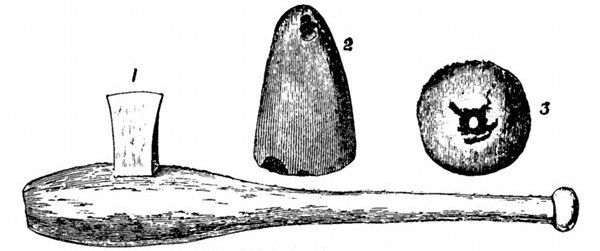 Fig. 80.  Neolithic implements.  1, Stone hatchet mounted in wood. 2, Jade celt, a polished stone weapon, from Livermore in Suffolk, ¼ size. 3, Spindle whorl, ½ size.