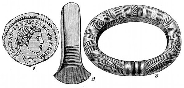 Fig. 82.  British relics.  1, A coin of the age of Constantine. 2, Bronze weapon from a Suffolk barrow. 3, Bronze bracelet from Liss in Hampshire.